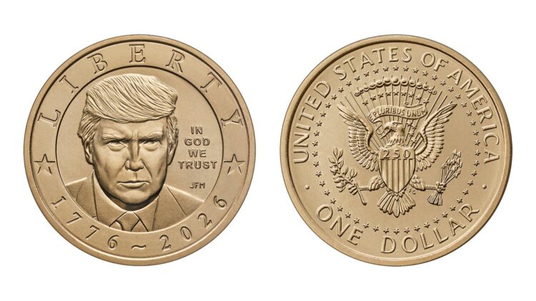 Fotografía divulgada en la cuenta oficial de X @SecScottBessent del secretario del Tesoro de Estados Unidos, Scott Bessent, que muestra el anverso y reverso de una moneda de oro conmemorativa de un dólar con el rostro del presidente Donald Trump. EFE/ @SecScottBessent