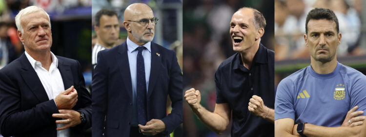 Los seleccionadores Didier Deschamps (i), Luis de la Fuente (2-i), Thomas Tuchel (2-d) y Lionel Scaloni se alistan para unas semifinales que por calidad, cantidad y actualidad se perfilan como extraordinarias en la historia de los mundiales de fútbol. EFE/ Will Oliver/ Mariscal/ José Méndez/
