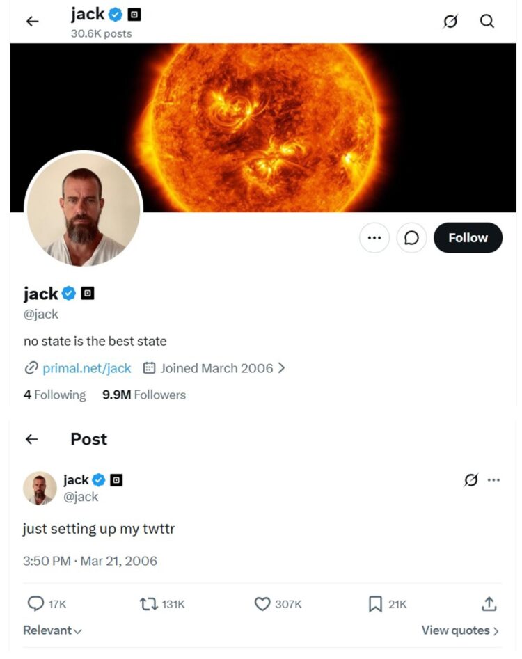 Captura de pantalla tomada de la red social X @jack que muestra el perfil del cofundador de Twitter, Jack Dorsey, donde se aprecia su primer tuit "configurando mi twttr" publicado el 21 de marzo de 2006. EFE/ @Jack