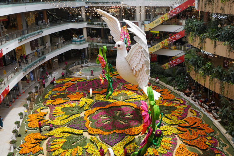 Fotografía de archivo que muestra una paloma sobre un tapete de flores exhibidos en el Centro Comercial Santafé, en Medellín (Colombia). EFE/ Pablo R. Seco/ ARCHIVO