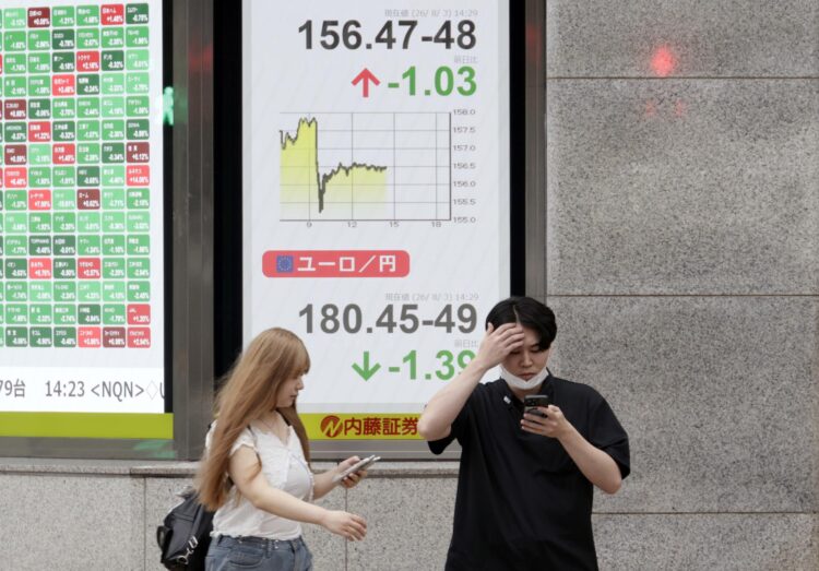 TOKIO (Japón), 03/08/2026.- Transeúntes caminan junto a un panel indicador de divisas que muestra el tipo de cambio del dólar estadounidense frente al yen japonés, que se disparó frente al dólar estadounidense, alcanzando su nivel más alto en aproximadamente tres meses. Las autoridades monetarias japonesas y estadounidenses llevaron a cabo una intervención coordinada para comprar yenes por primera vez en aproximadamente 28 años. EFE/EPA/FRANCK ROBICHON