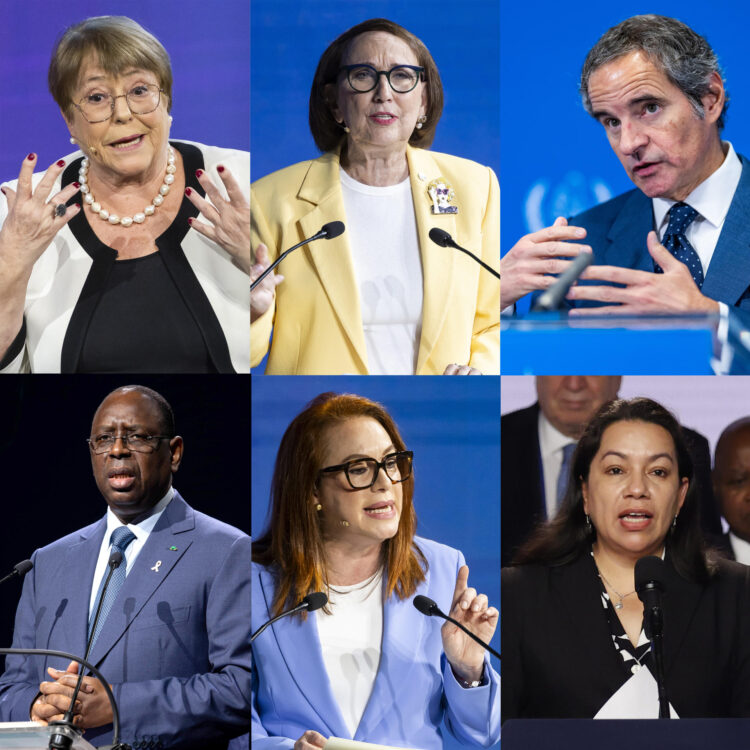 Combo de fotografías de archivo que muestra arriba, de izquierda a derecha, a Michelle Bachelet, Rebeca Grynspan y Rafael Grossi, abajo de izquierda a derecha, a Macky Sall, María Fernanda Espinosa y Carolyn Rodrigues-Birkett. La carrera para suceder a António Guterres como secretario general de Naciones Unidas se encuentra en una etapa clave de evaluación por parte del Consejo de Seguridad. EFE/ ARCHIVO