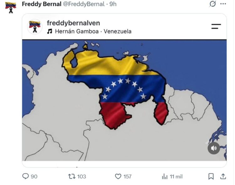 Imagen difundida en la cuenta en X @FreddyBernal del gobernador del estado venezolano del Táchira, Freddy Bernal, de un mapa de Venezuela con la bandera nacional, luego de que el presidente de Estados Unidos, Donald Trump, lo hiciera pero con la bandera de su país y con la leyenda "Estado 51". EFE/ @FreddyBernal