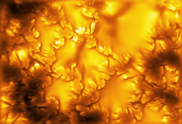 La imagen de mayor resolución de la superficie del Sol (fotosfera) jamás captada, tomada por el Telescopio Solar Inouye. En ella se aprecian los límites deformados de los elementos magnéticos y unas franjas a escala ultrafina, ambos fenómenos asociados a la inestabilidad de Kelvin-Helmholtz. Crédito: NSF/NSO/AURA/MPS