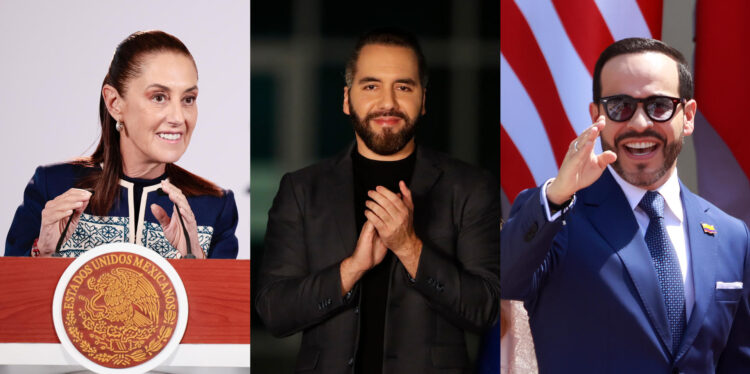 Combo de fotografías de archivo que muestra a la presidenta de México, Claudia Sheinbaum (i), al presidente de El Salvador, Nayib Bukele (c) y al presidente de Colombia Abelardo de la Espriella. EFE/ José Méndez/ Rodrigo Sura/ Ricardo Maldonado Rozo ARCHIVO