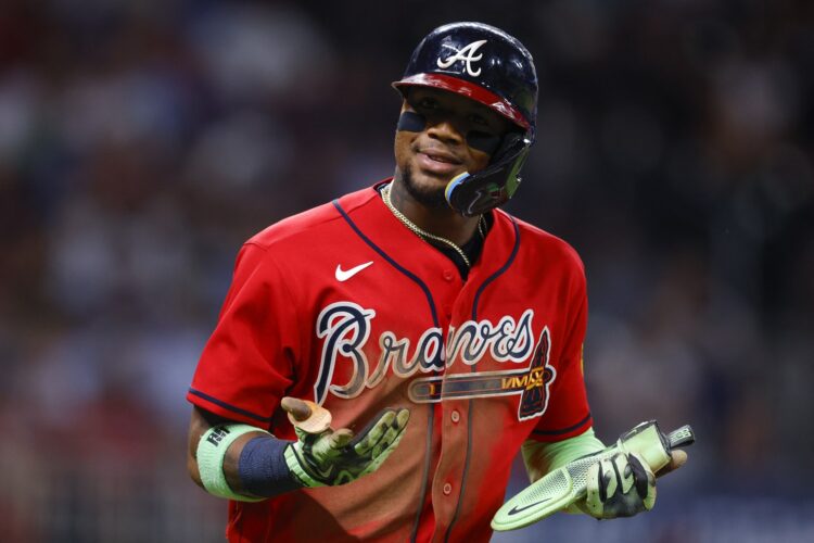 ATLANTA, GEORGIA - JUNE 5: Ronald Acuna Jr. #13 of the Atlanta Braves reacts during the eighth inning against the Pittsburgh Pirates at Truist Park on June 5, 2026 in Atlanta, Georgia. Todd Kirkland/Getty Images/AFP (Photo by Todd Kirkland / GETTY IMAGES NORTH AMERICA / Getty Images via AFP)