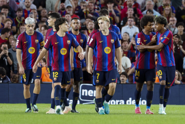 Los jugadores del Barcelona celebran un gol durante durante el partido de LaLiga EA Sports que FC Barcelona y Getafe CF disputado el pasado sábado en el Camp Nou. EFE/Toni Albir
