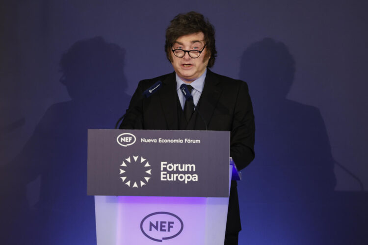 El presidente de Argentina, Javier Milei, en el desayuno informativo del Fórum Europa este miércoles en Madrid. EFE/ Mariscal