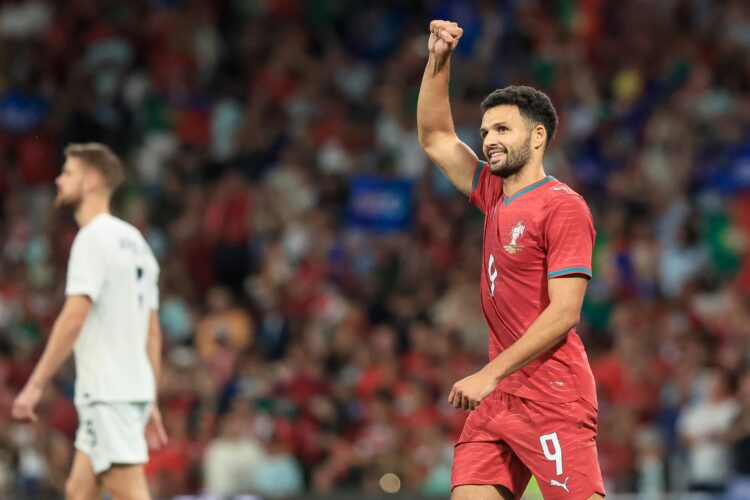 Gonçalo Ramos celebra uno de sus goles durante el partido Portugal-Noruega de Liga de Naciones disputado este domingo en Oporto. EFE/EPA/JOSE COELHO