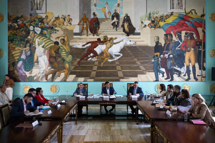 El primer vicepresidente del Parlamento, Pedro Infante (c), preside una reunión con la comisión para reformar la ley contra el odio, en Caracas (Venezuela). EFE/ Ronald Peña R