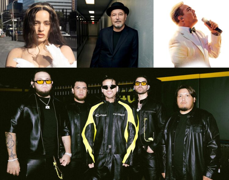Combo de fotografías cedidas por Telemundo donde aparecen los cantantes Rosalía (i-arriba), Rubén Blades (c-arriba), Cristian Castro (d-arriba) y los integrantes de la banda Fuerza Regida que serán coronados este jueves con galardones especiales durante los Premios Billboard de la Música Latina que se estregarán en una gala en Miami. EFE/ Telemundo